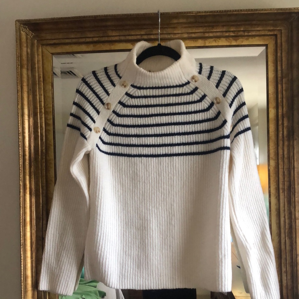 Hem & Thread Ivory and Navy Sailor Striped Long Sleeve Sweater.  Size S. NWT